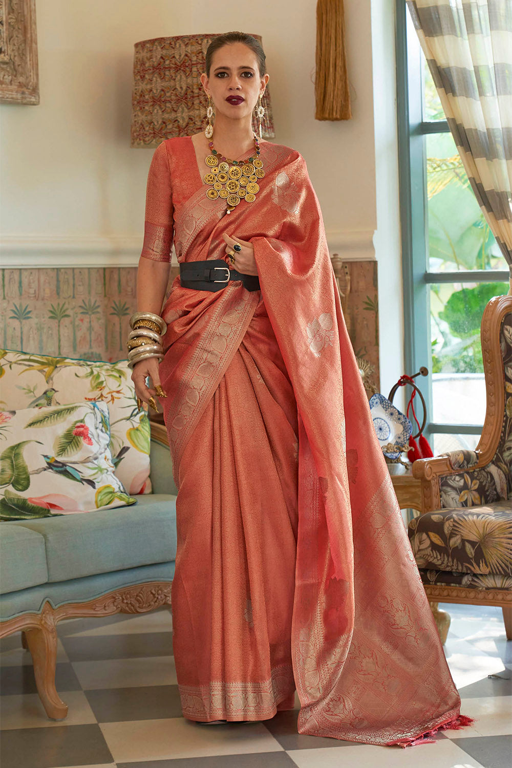 Apricot Orange  Soft Kanjivaram Silk Saree with Blouse