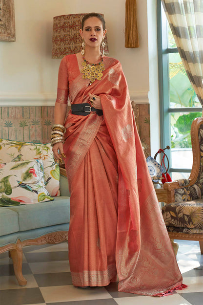 Apricot Orange  Soft Kanjivaram Silk Saree with Blouse