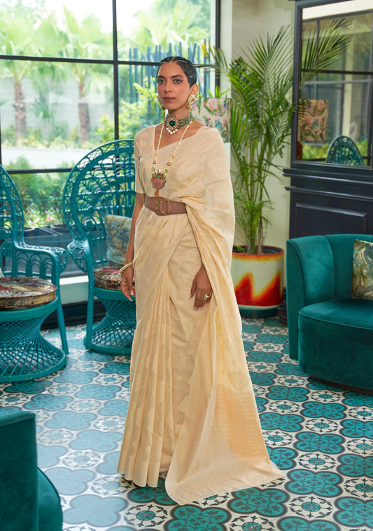 Mild Yellow Woven Lucknowi Saree in Pure Modal Silk