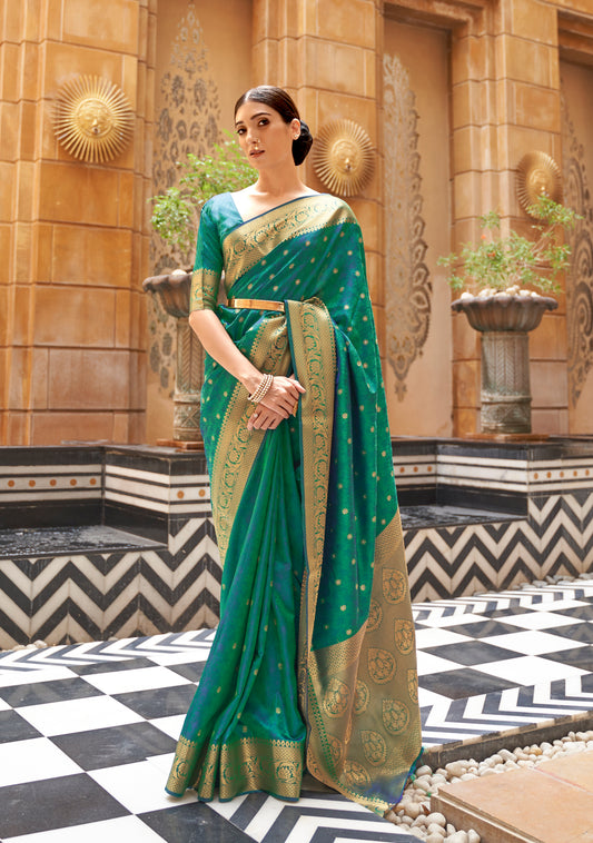 Dark Green Soft Banarasi Silk Saree with Golden Zari Woven Border