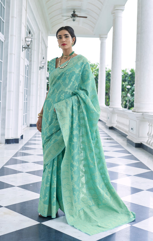 Turkish Green Woven Chikankari Saree with Intricate Design