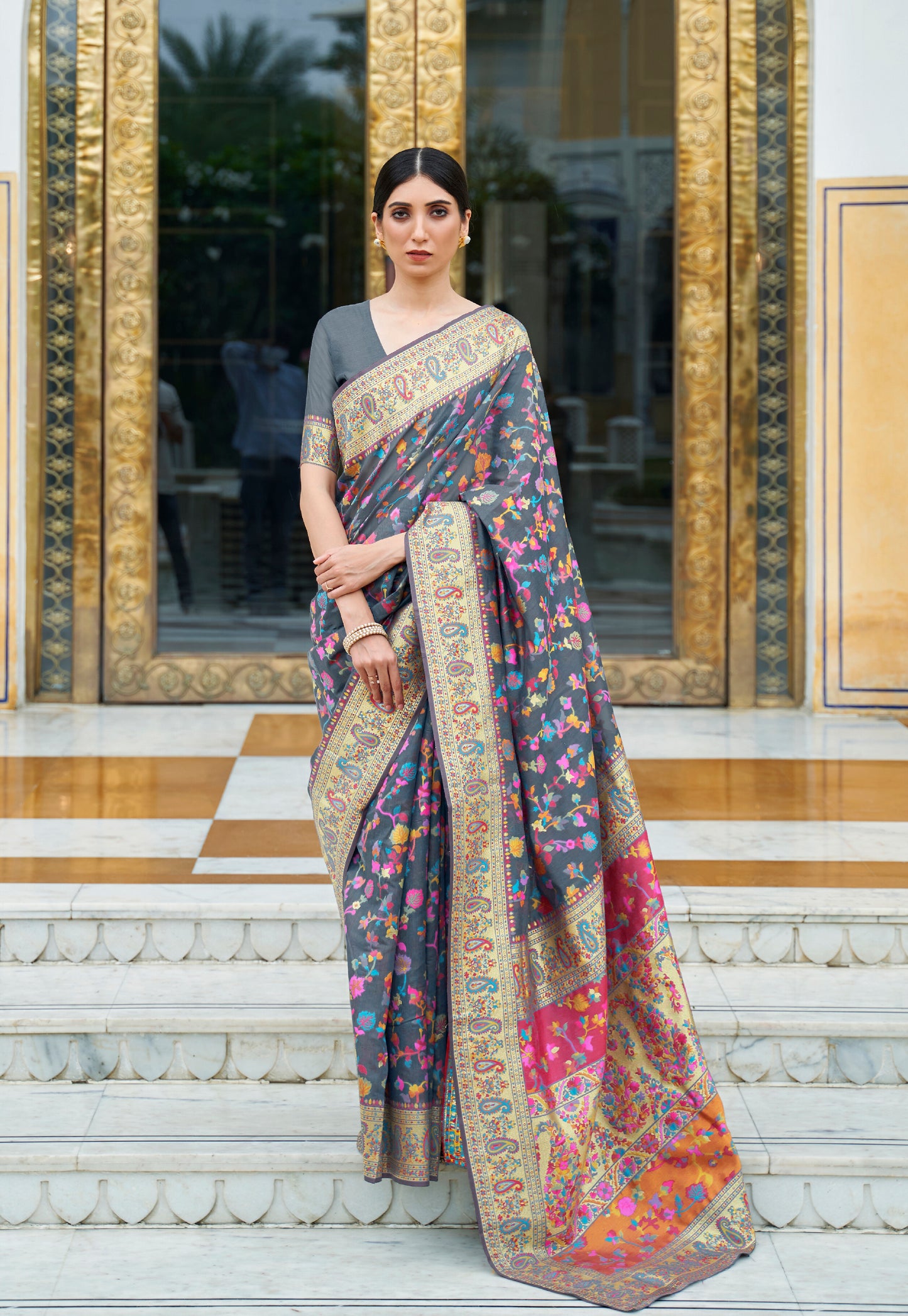 Slate Grey Kashmiri Handloom Modal Silk Woven Kani Saree for Weddings