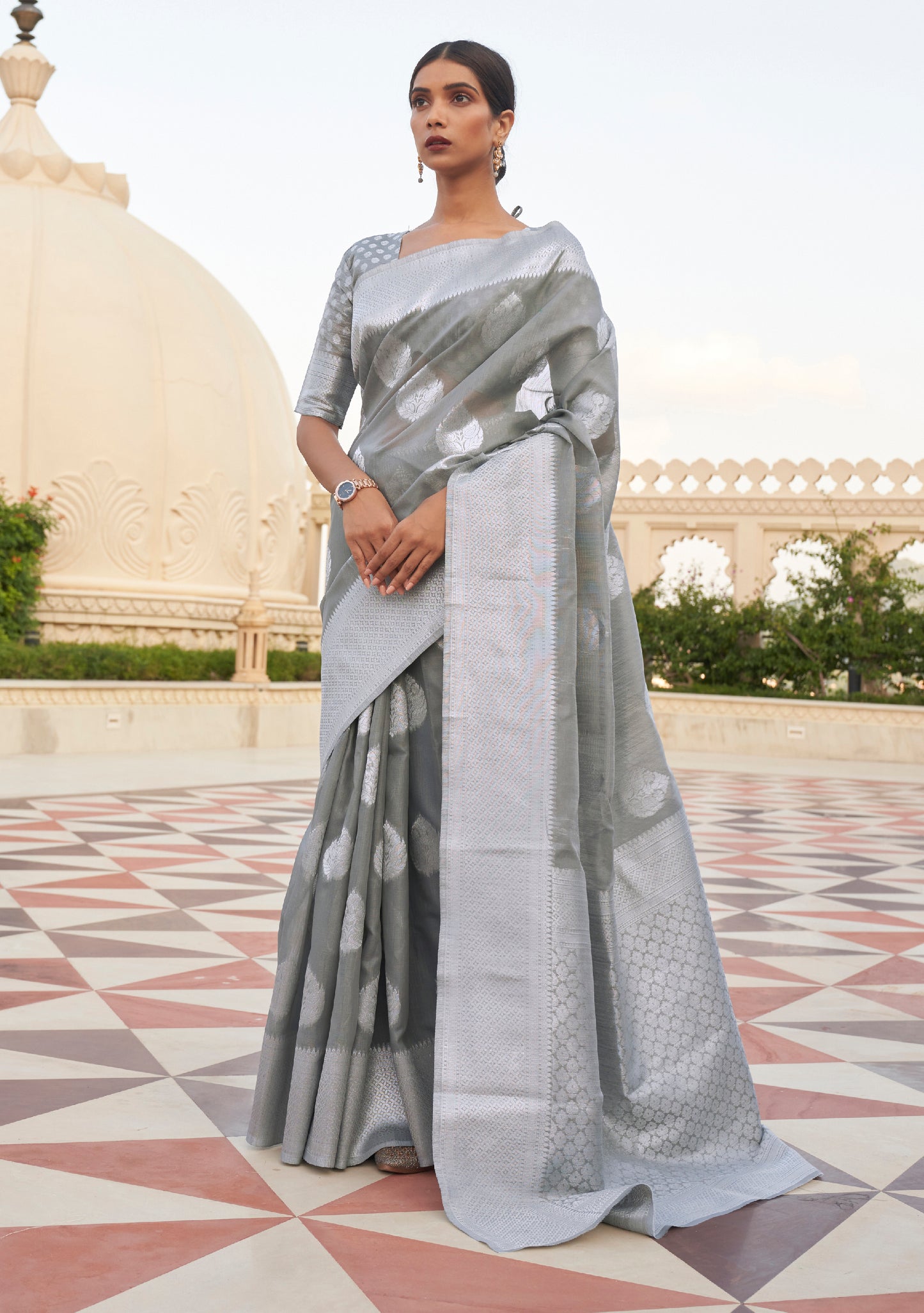 Cloud Gray Woven Linen Silk Saree Blouse with Banarasi Butti