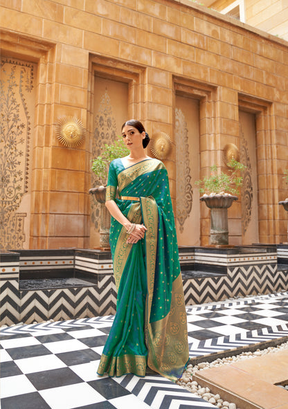 Dark Green Soft Banarasi Silk Saree with Golden Zari Woven Border