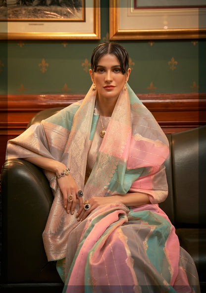 Turquoise, Pink and Golden Shadded Beautiful Organza Silk Saree Blouse for Woman