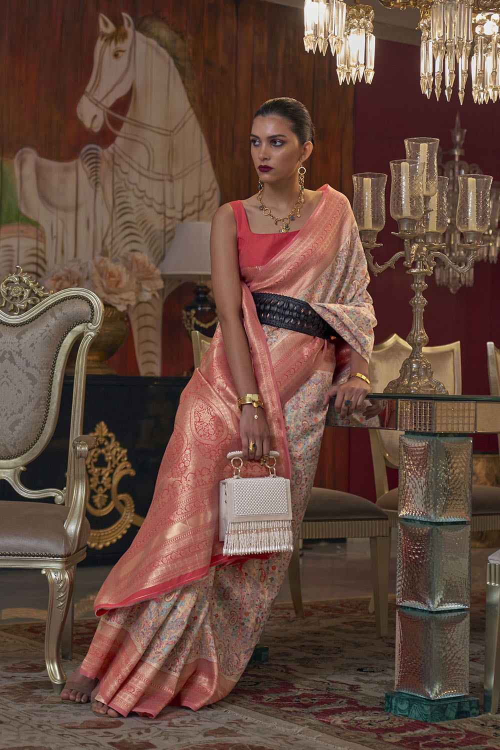 Light Pink with Peach Pashmina Inspired Kani Silk Saree for Woman