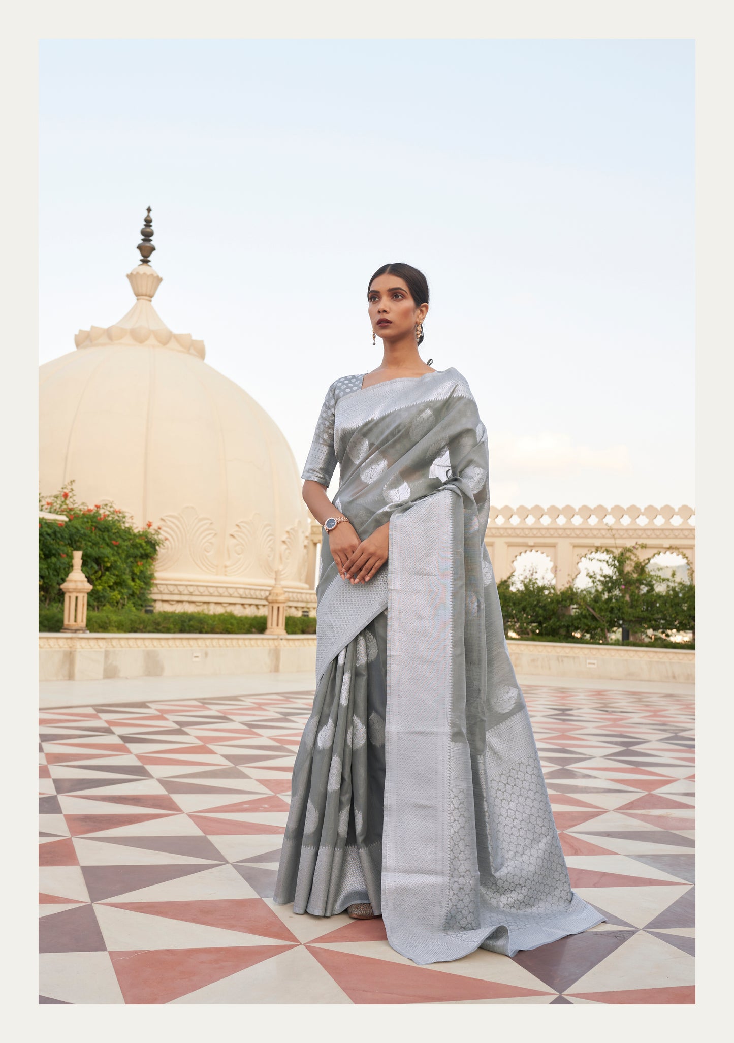 Cloud Gray Woven Linen Silk Saree Blouse with Banarasi Butti
