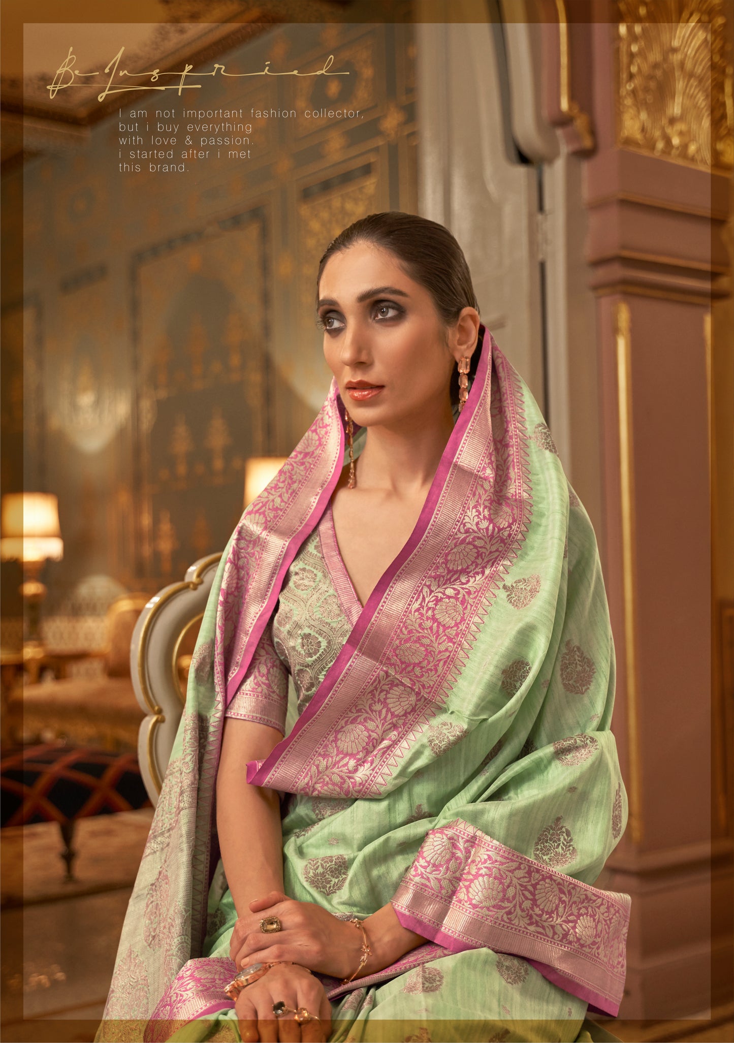 Green with Pink Soft Tussar Silk Saree with Copper Zari Butti