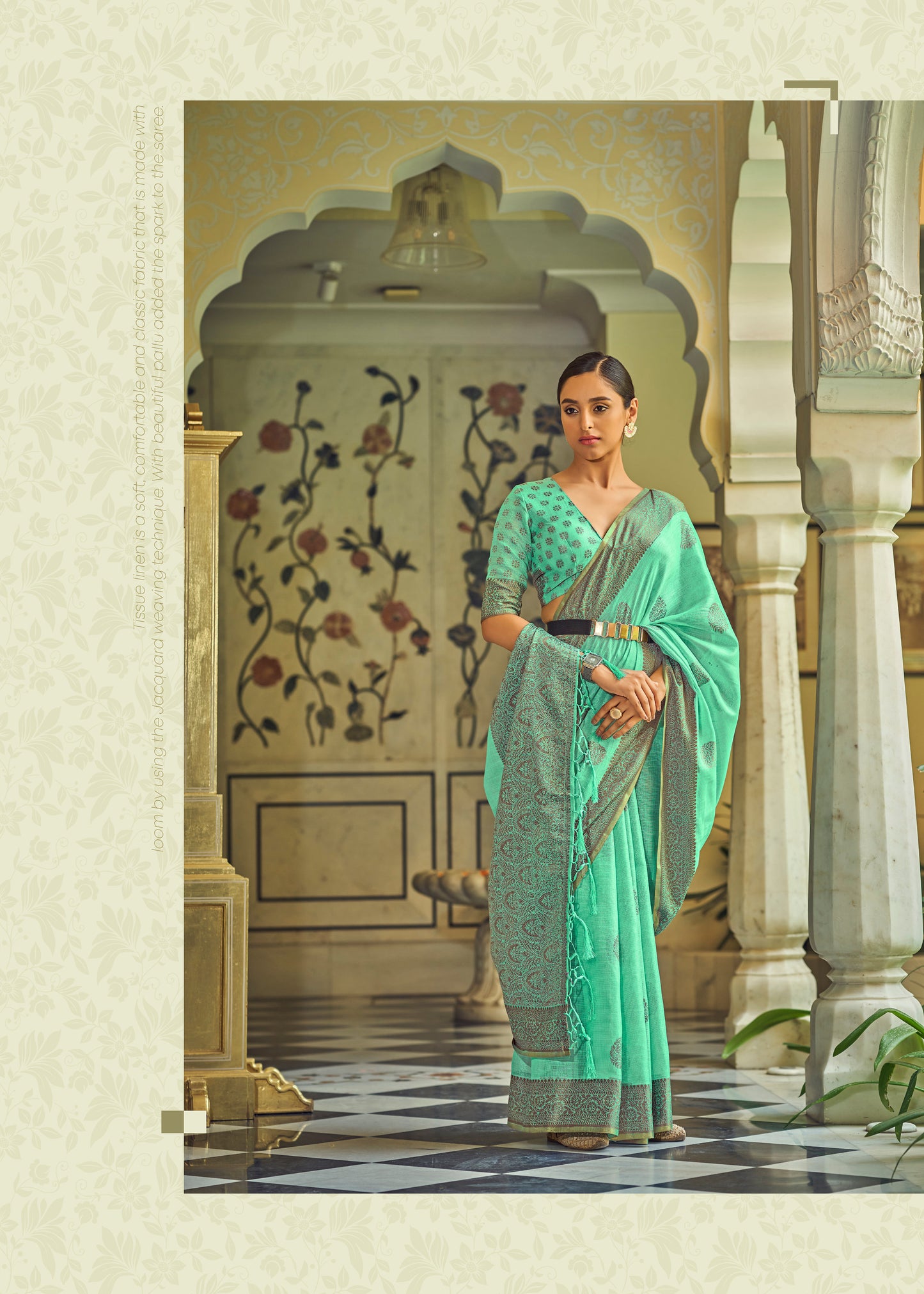 Mint Green Woven Linen Silk Saree