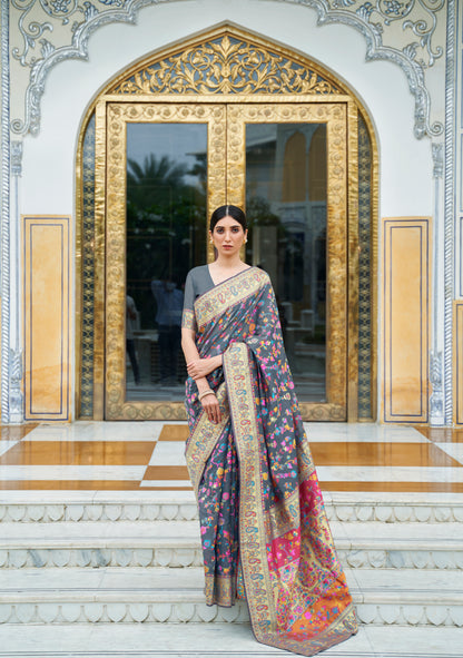 Slate Grey Kashmiri Handloom Modal Silk Woven Kani Saree for Weddings