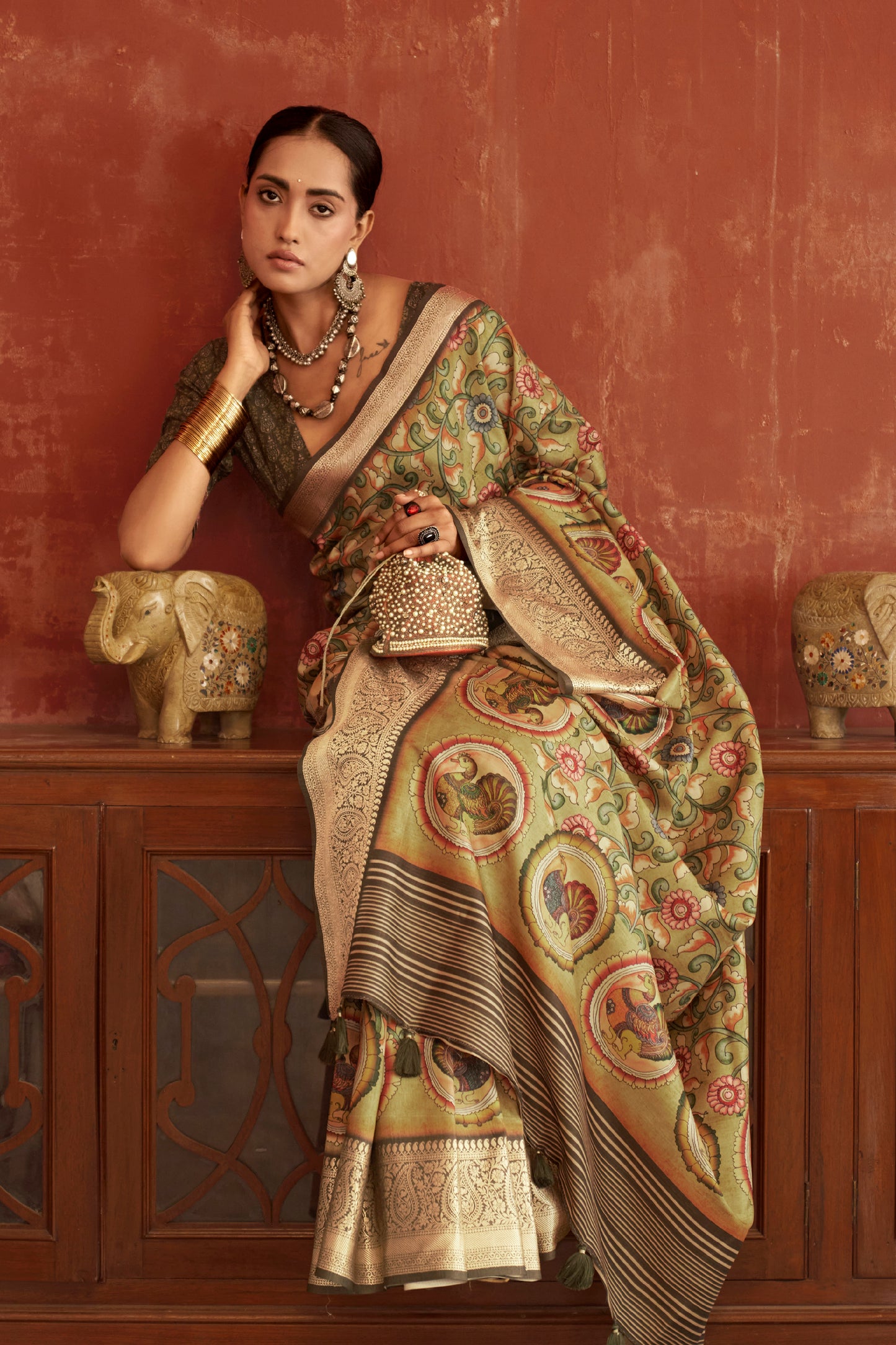 Olive Green Pen Kalamkari Printed Silk Saree with Woven Kanchi Pallu