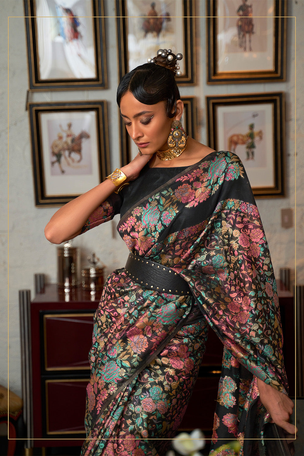Ebony Black Woven Designer Kani Saree with Floral Weaving in Pallu and Border in Pure Modal Silk