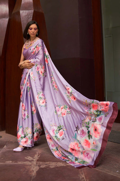 Lilac Purple Floral 3D Printed Pure Satin Silk Saree for Weddings