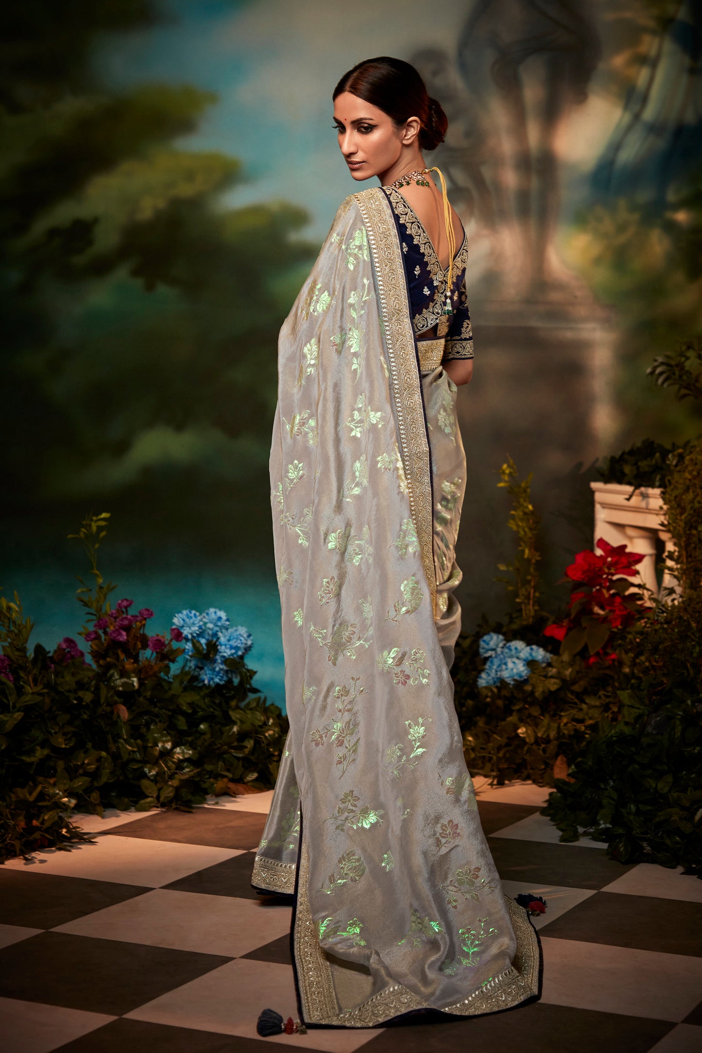 Silver Feather Light Organza Saree with Designer Blouse