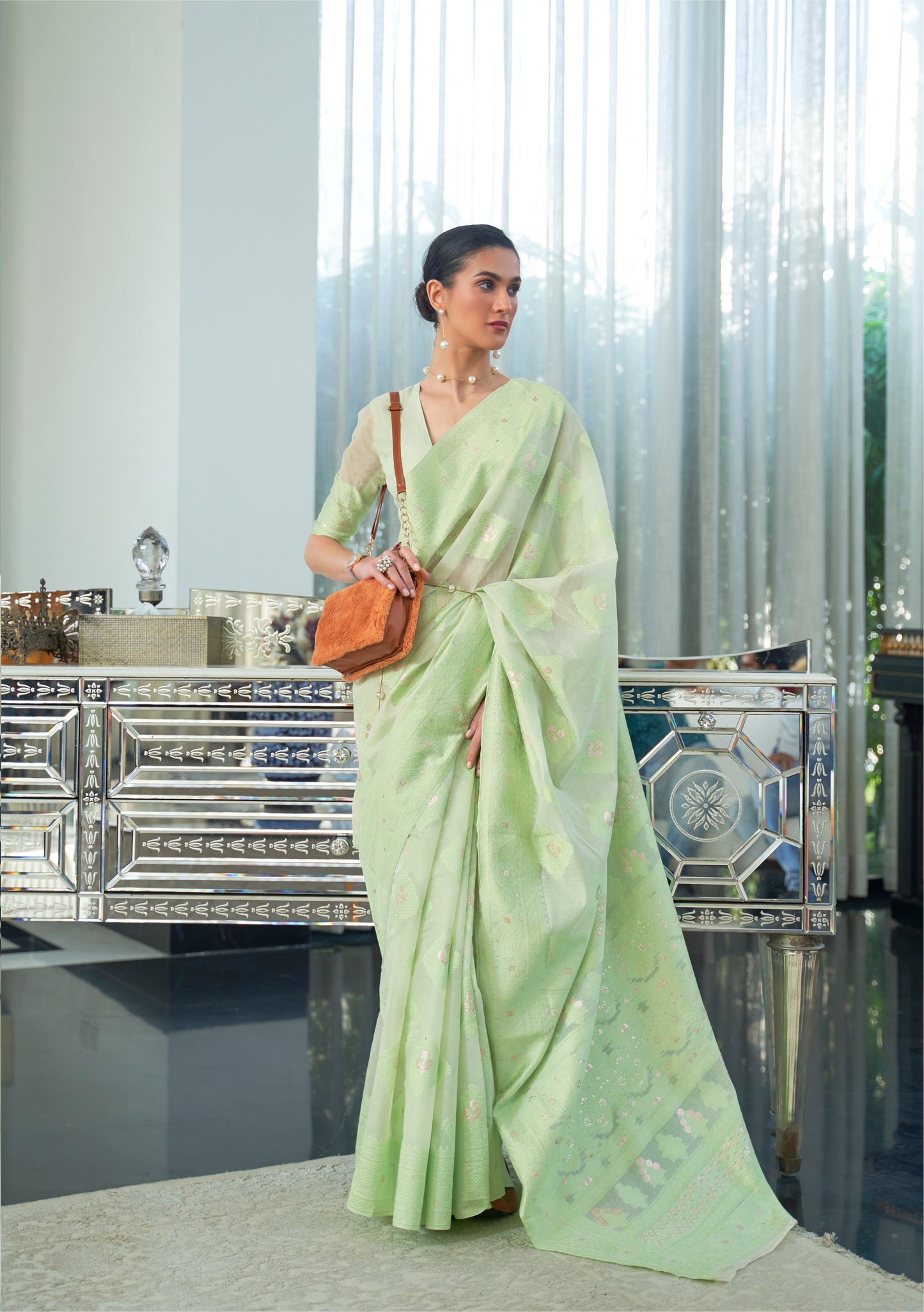 Light Mint Pure Modal Silk Woven Lucknowi Saree