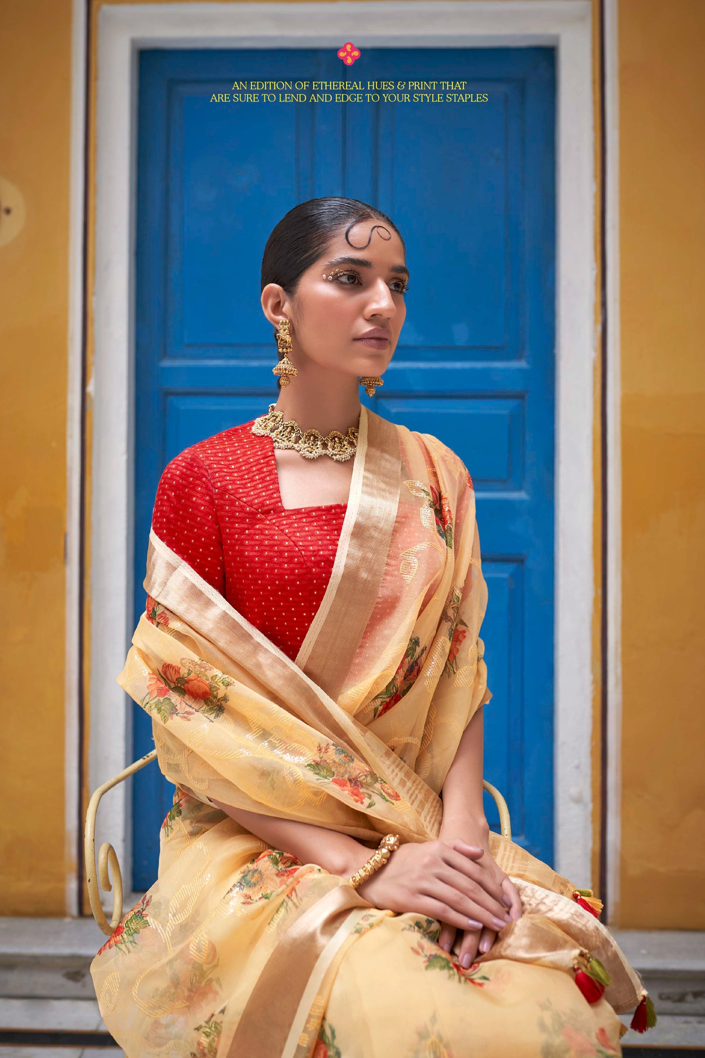 Light Yellow Floral Organza Water Sequin Embellished Saree