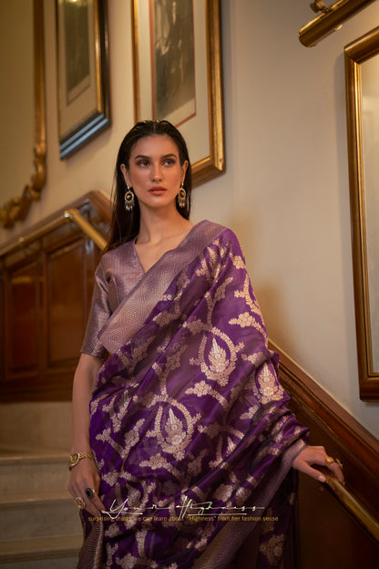 Plum Purple Banarasi Organza Saree with Woven Jaal Weaving