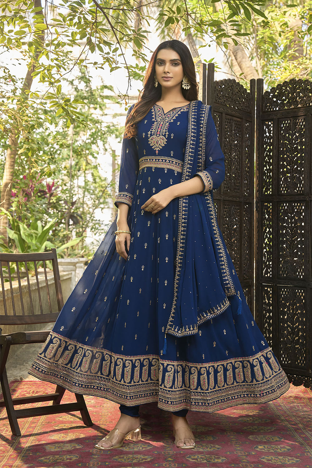 Navy Blue Embroidered Partywear Gown Suit with Dupatta