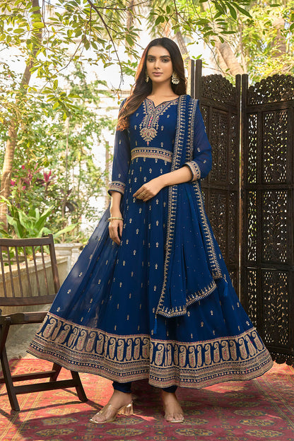 Navy Blue Embroidered Partywear Gown Suit with Dupatta