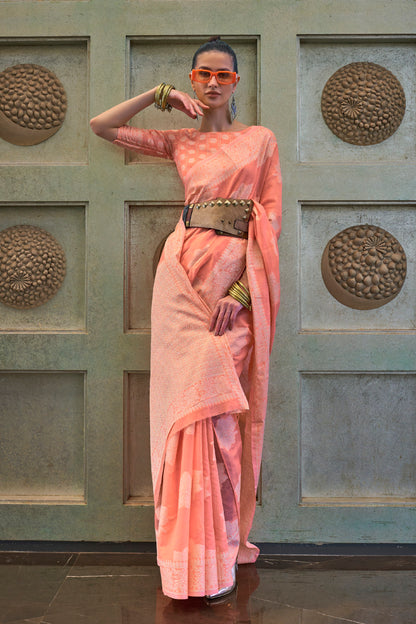 Salmon Lucknowi Chikenkari Threadwork Saree with Beautiful Blouse