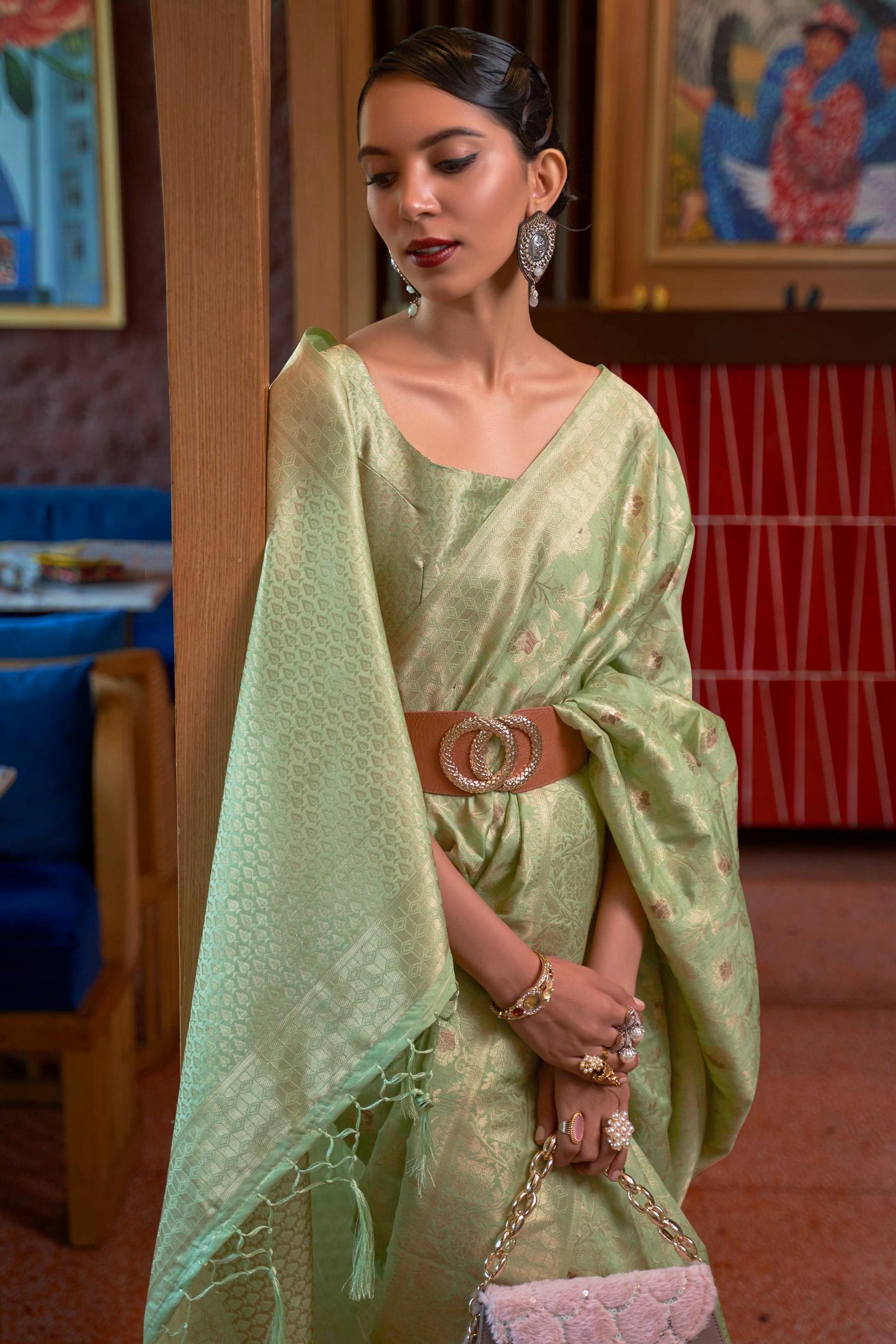 Pale Green Woven Banarasi Jungla Jaal Soft Silk Saree