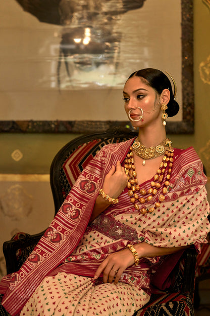 Cream with Red Ikat Design Patola Saree with Patola Border and Blouse