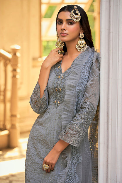 Grey Lucknowi Inspired Salwar Suit with Dupatta