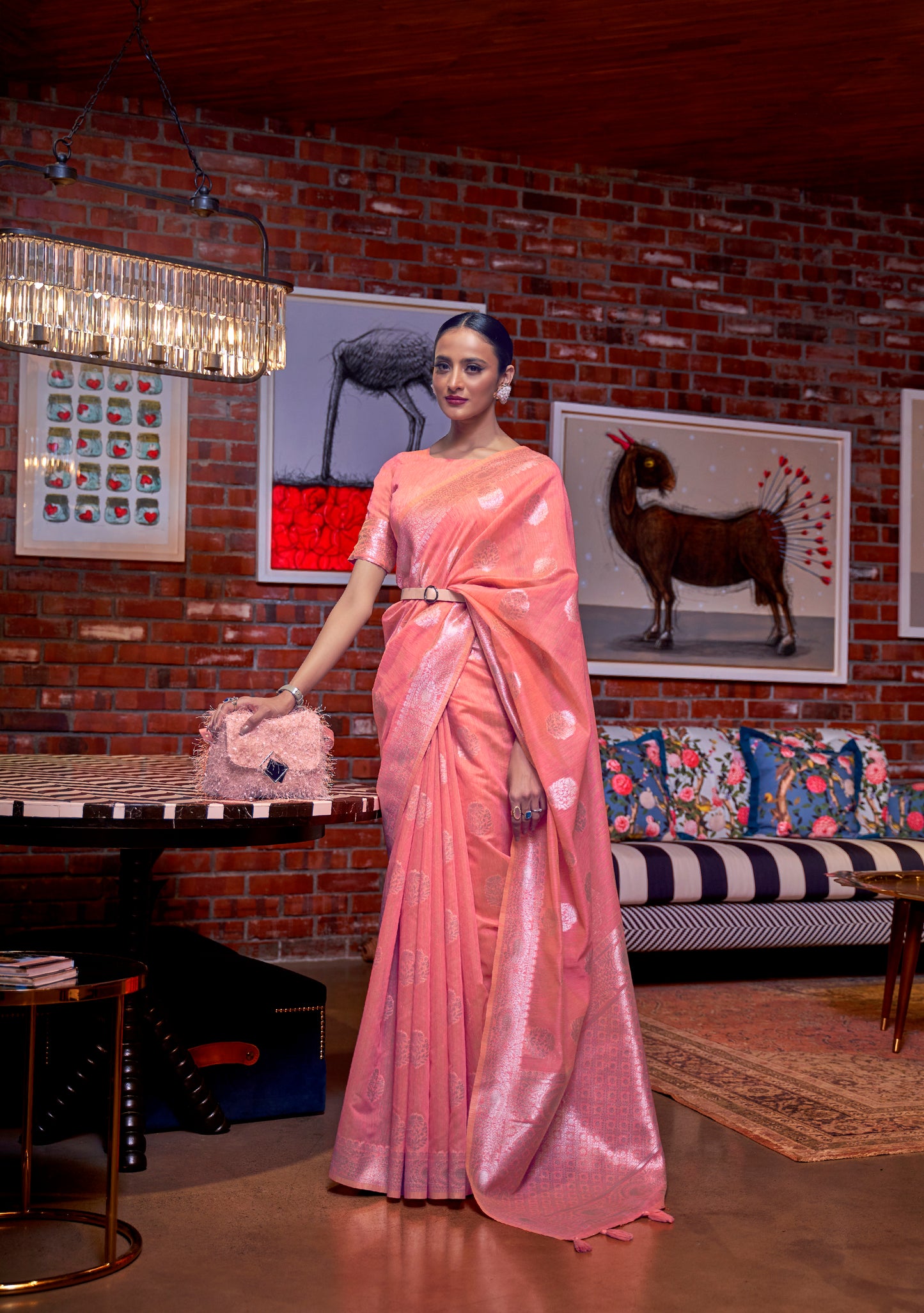Coral Pink Woven Linen Silk Saree For Pretty You