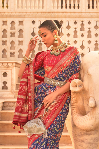 Ink Blue Woven Patola Designer Saree with Elephant Border