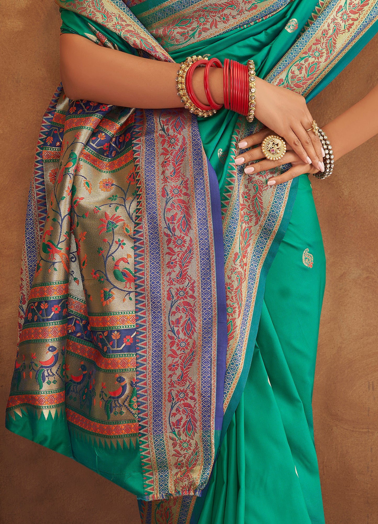 Teal Green Woven Paithani Soft Silk Saree for Weddings