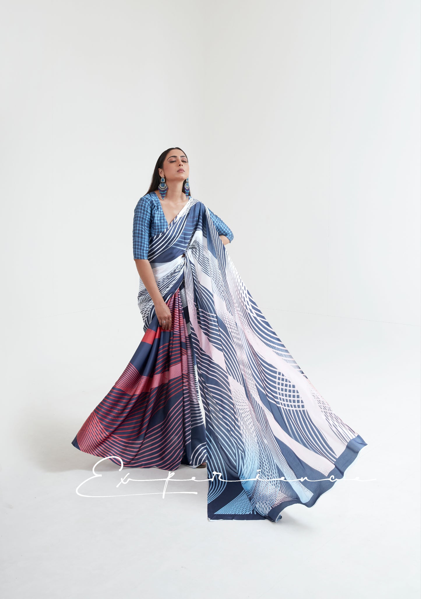 Blue White Abstract 3D Printed Pure Satin Silk Saree for Weddings