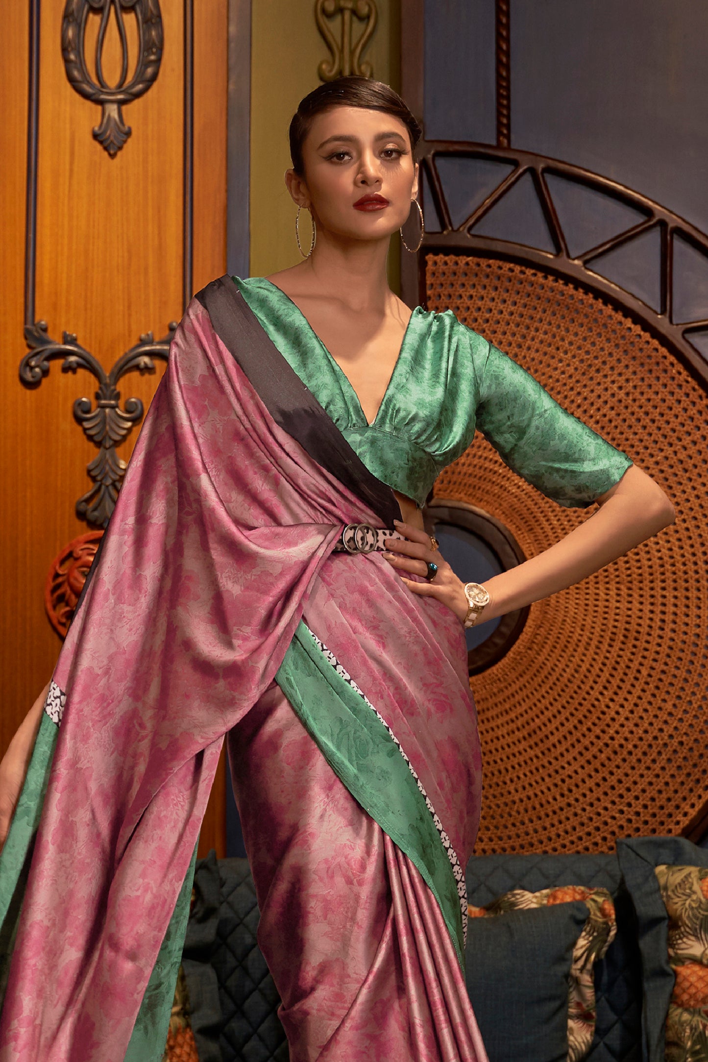 Pink Designer 3d Printed Soft Satin Silk Saree with Blouse
