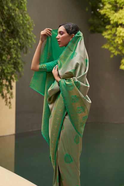 Chartreuse Green Designer Kanjivaram Silk Saree with Antique Finish