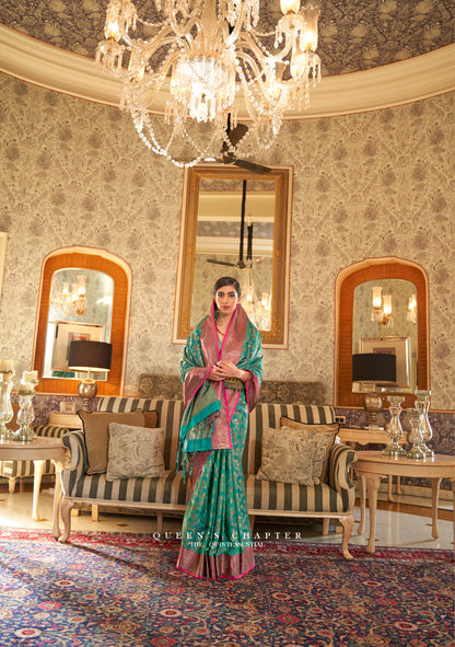 Pine Green and Golden Banarasi Weaving Silk Saree for Wedding Reception