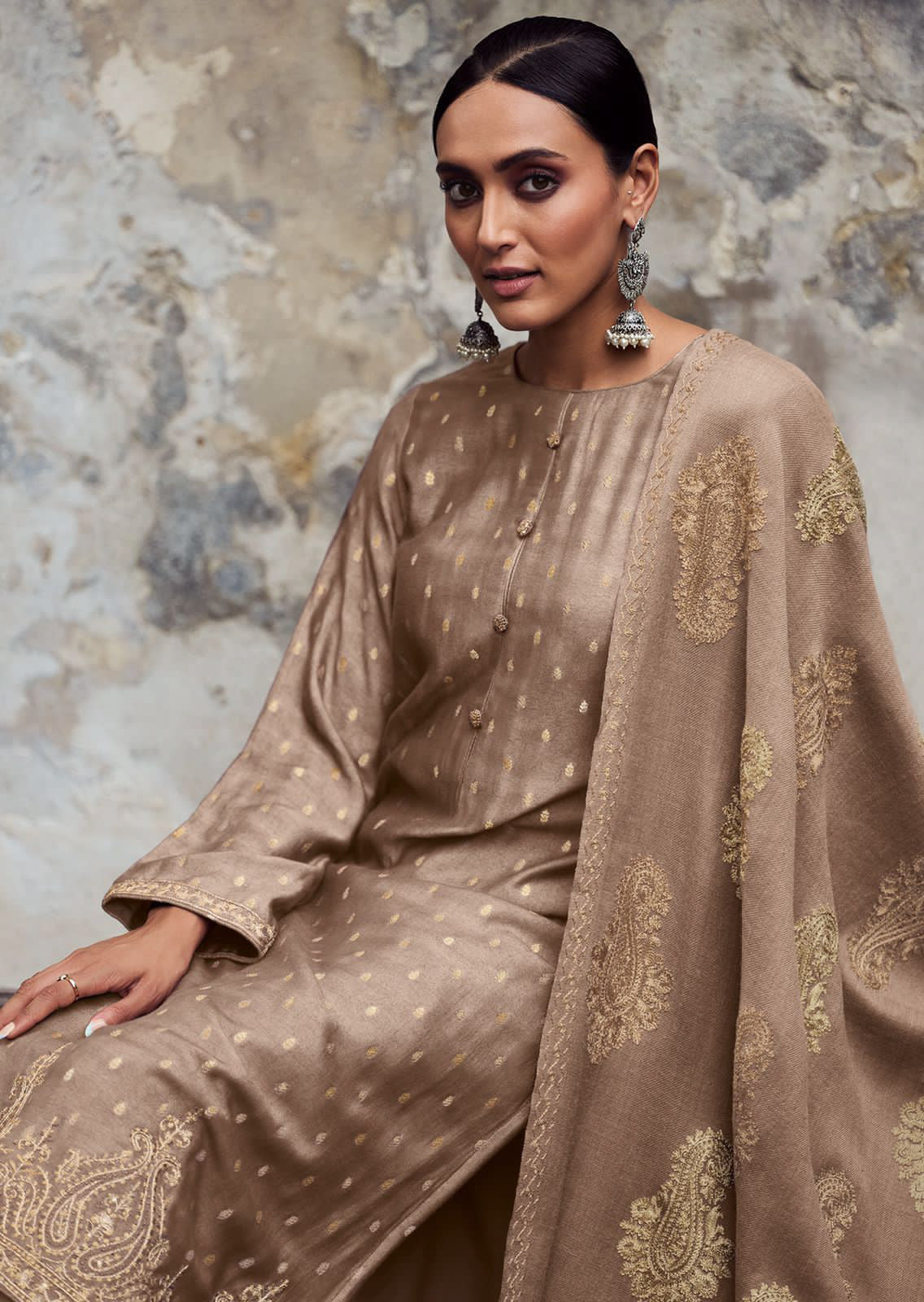 Biscuit Brown Pashmina Inspired Paisly Design One Color Suit Pant and Dupatta