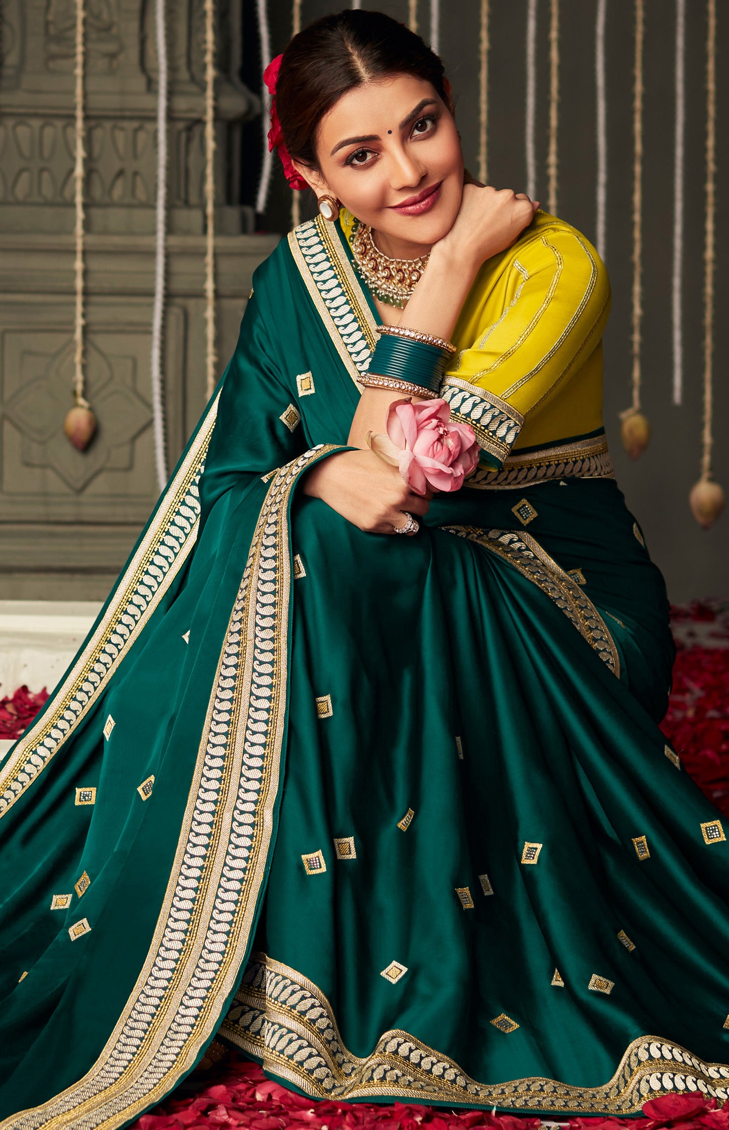 Moss Green Satin Silk Designer Saree with Yellow Blouse