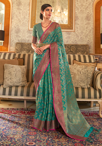 Pine Green and Golden Banarasi Weaving Silk Saree for Wedding Reception