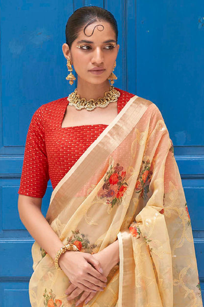 Light Yellow Floral Organza Water Sequin Embellished Saree