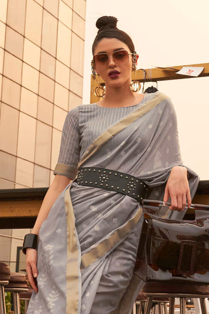 Soft Grey linen Inspired Designer Saree