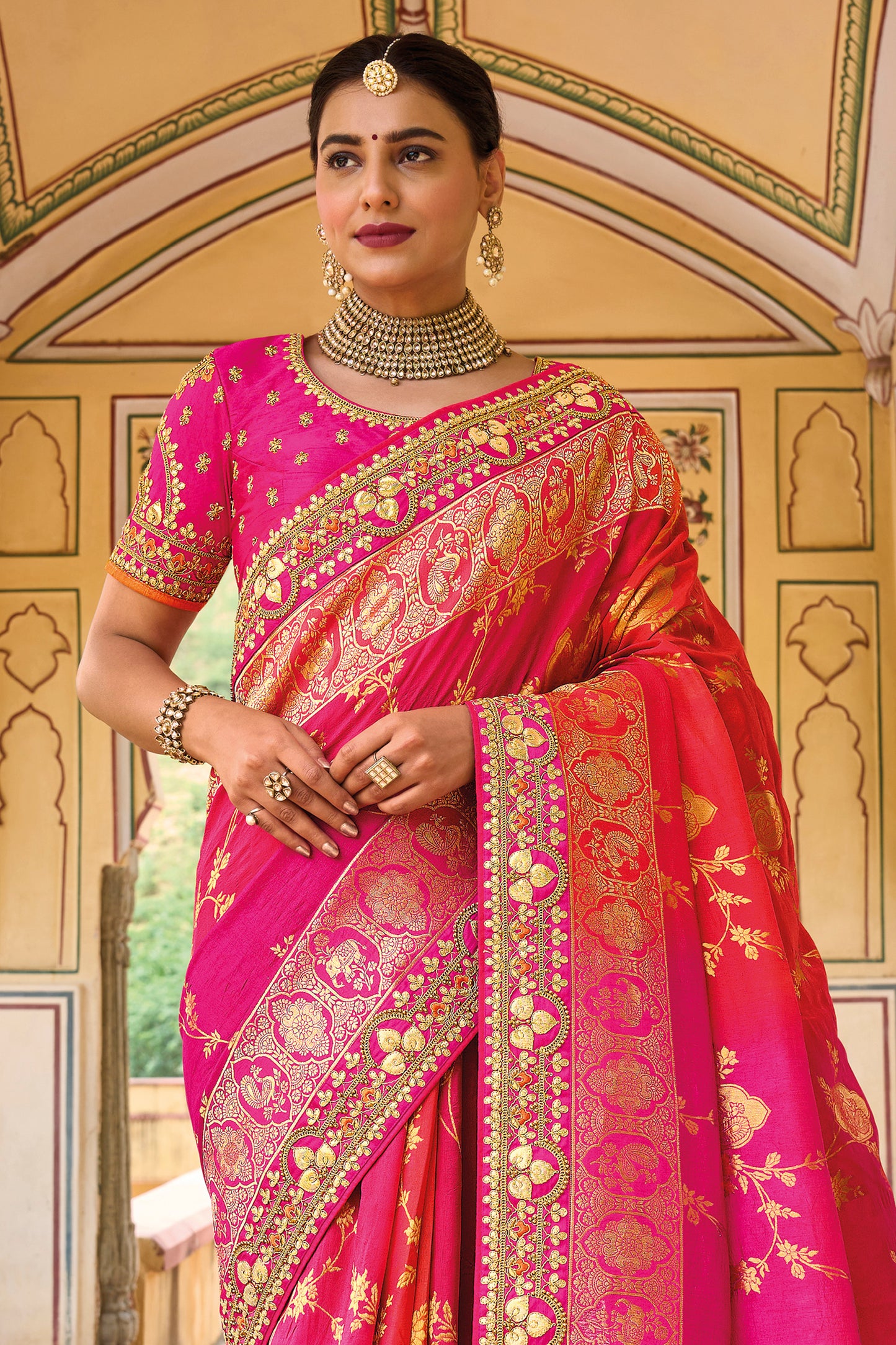 Ombre Pink Orange  Dola Silk Big Bordered Designer Saree with Embroidered Blouse