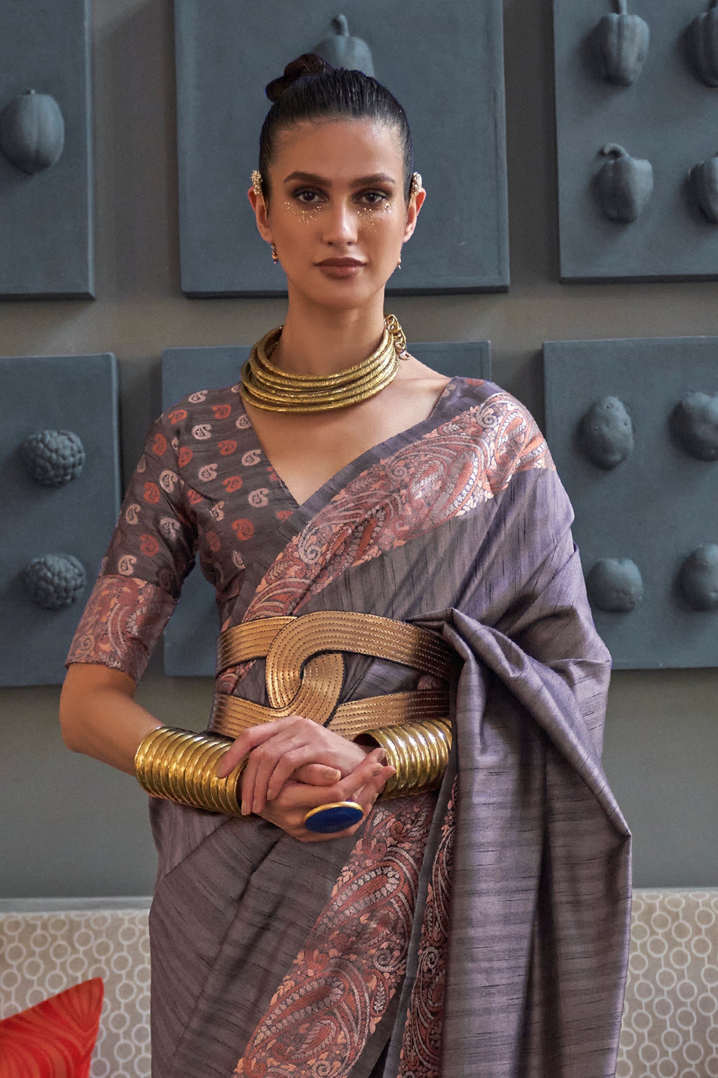 Dove Gray Latest Designer Tussar Silk Saree Blouse for Women