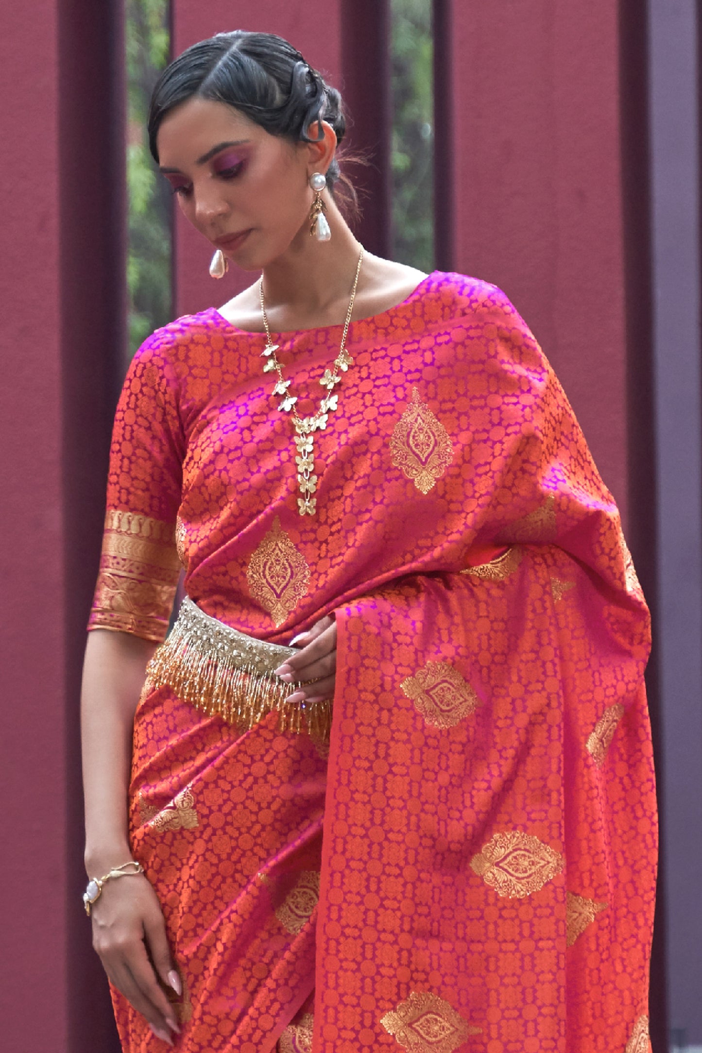 Orange/Pink Dual Tone Kanjivaram Style Silk Saree with Zari