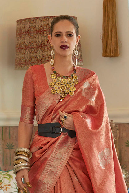 Apricot Orange  Soft Kanjivaram Silk Saree with Blouse