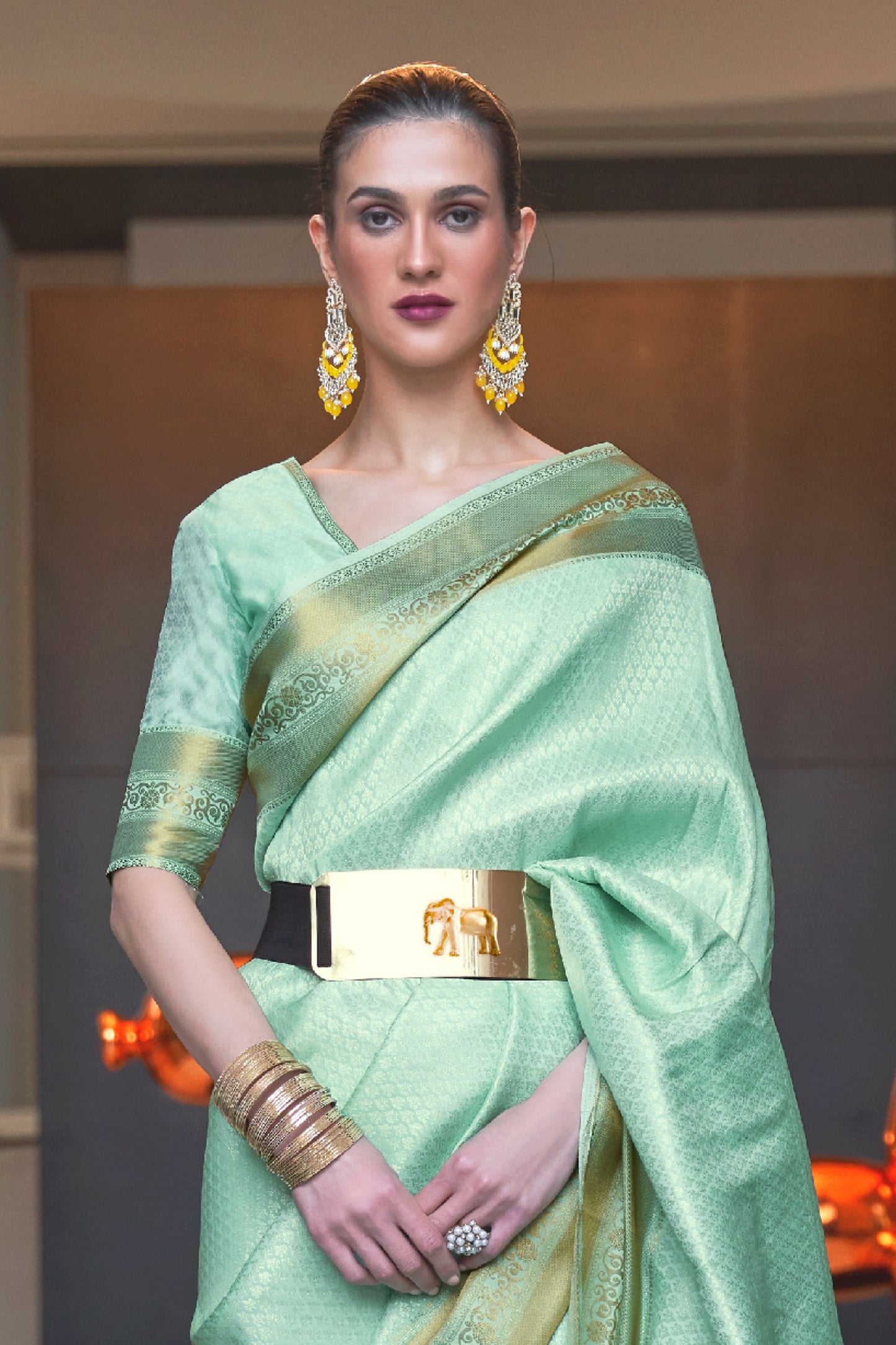 Turquoise Golden Kanjivaram Silk Saree with Antique Finish & Glossy Texture