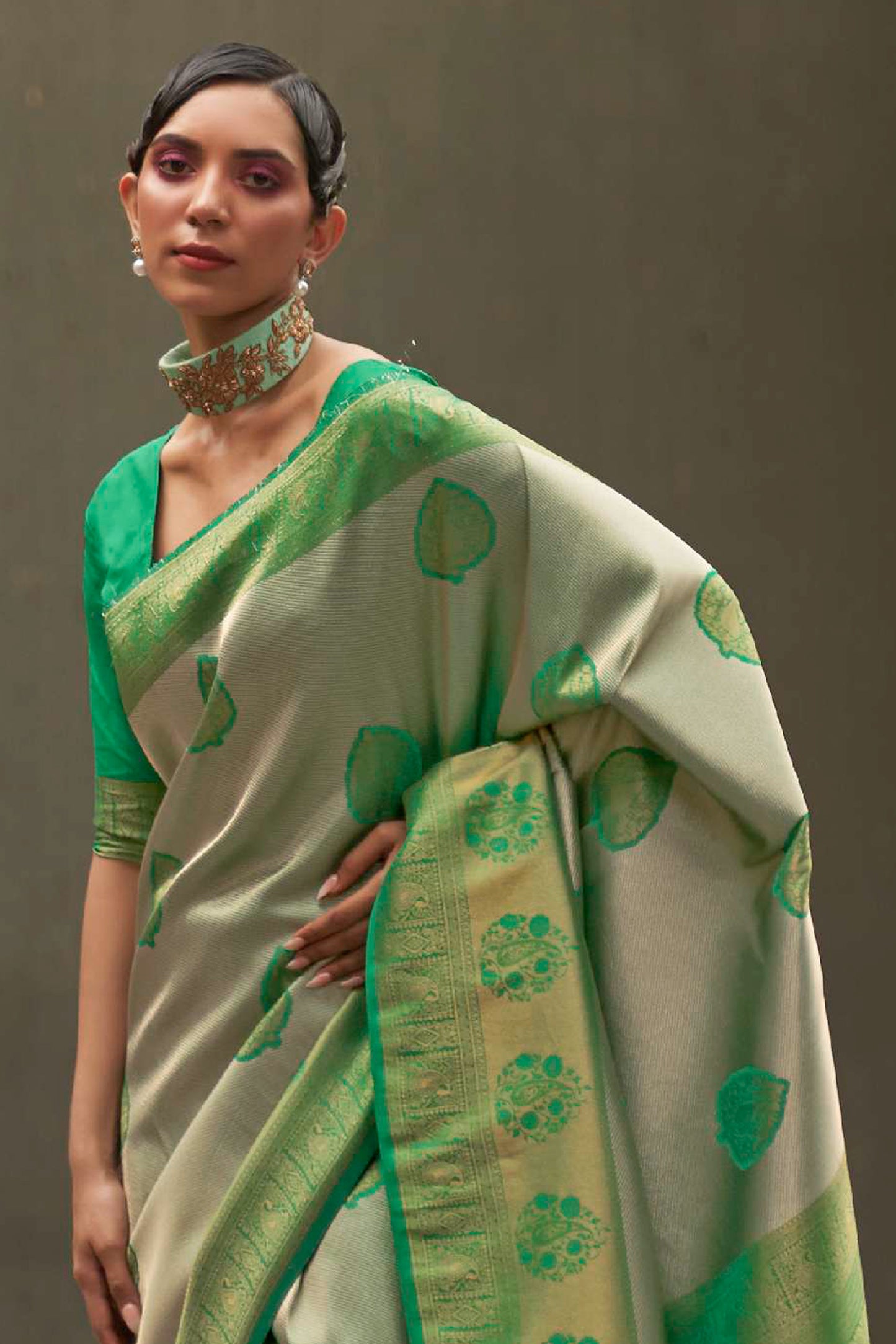 Chartreuse Green Designer Kanjivaram Silk Saree with Antique Finish