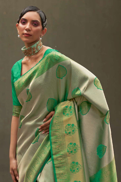 Chartreuse Green Designer Kanjivaram Silk Saree with Antique Finish