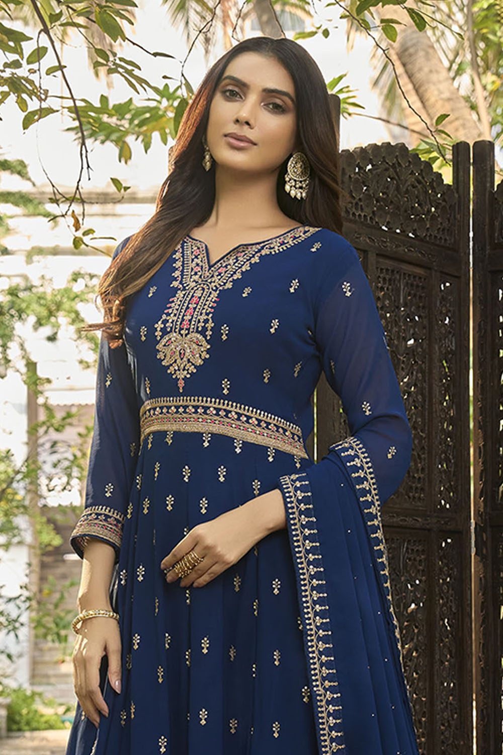 Navy Blue Embroidered Partywear Gown Suit with Dupatta