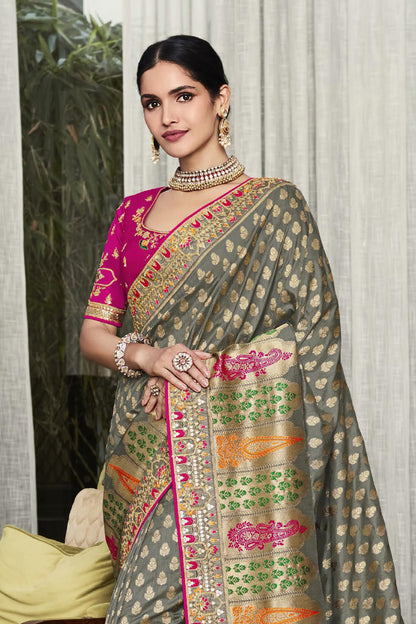 Stunning Grey Soft Banarasi Woven Silk Saree with Dark Pink Blouse