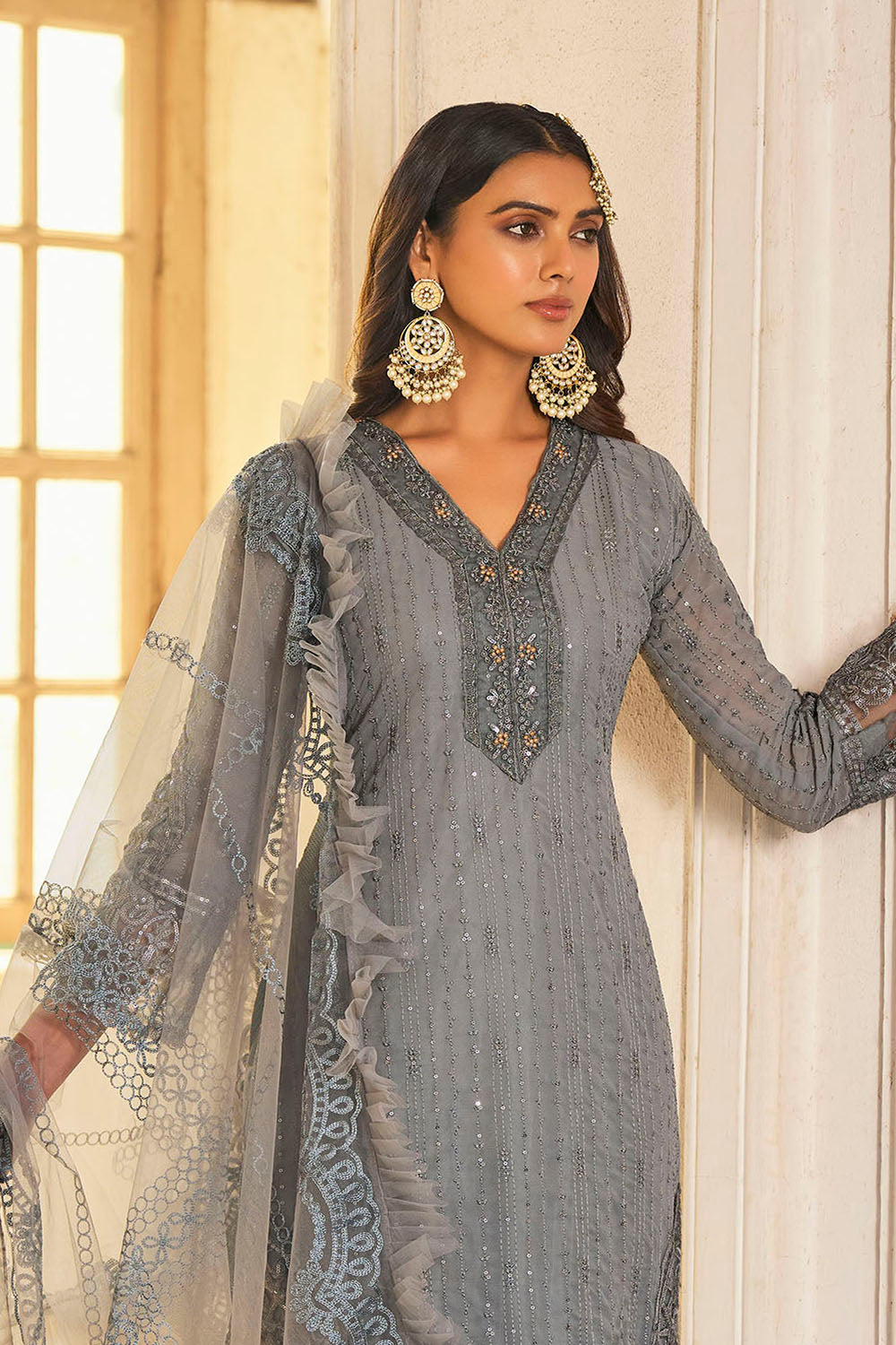 Grey Lucknowi Inspired Salwar Suit with Dupatta