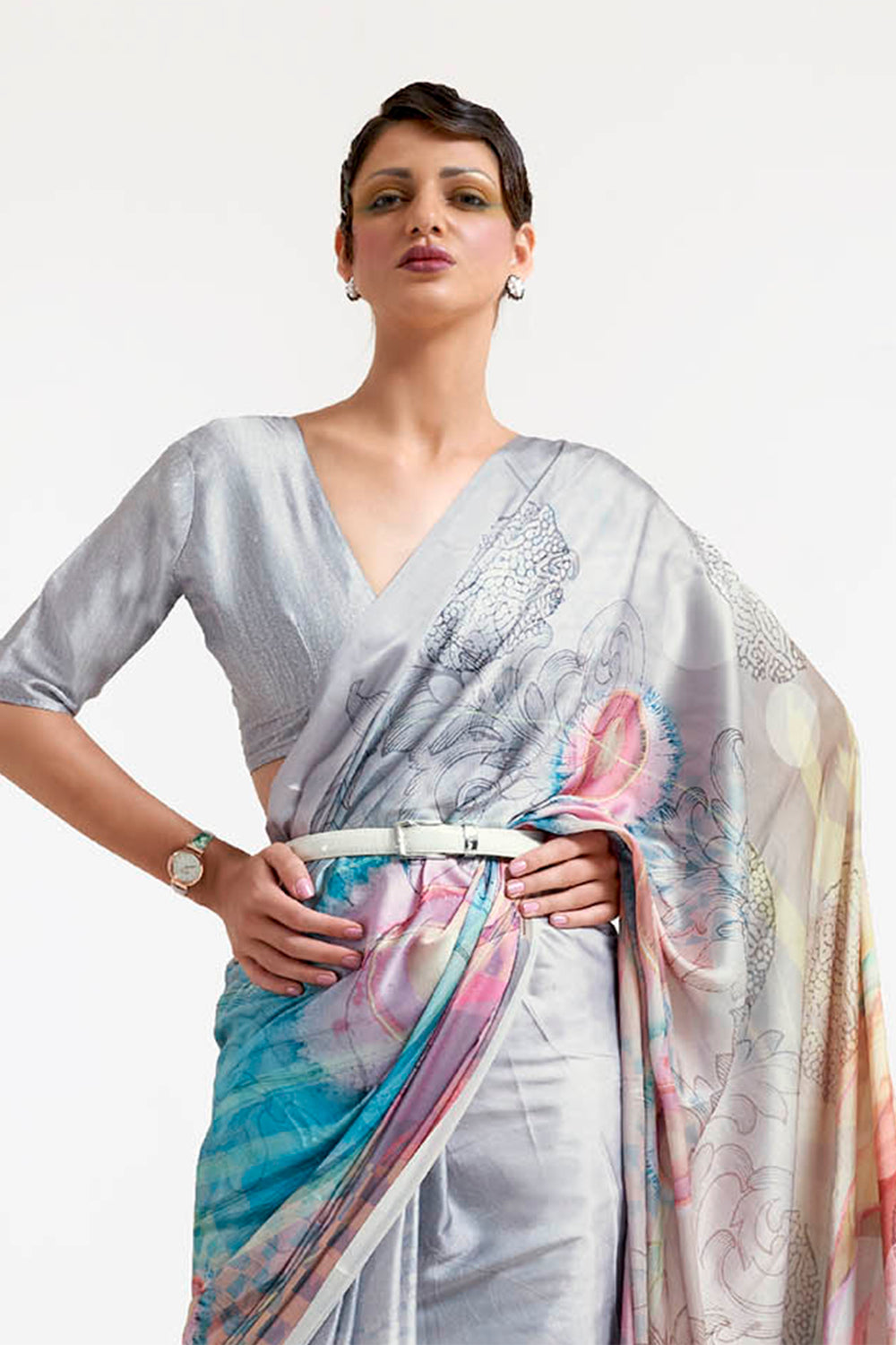 Light Silver  Designer Pure Satin Silk Saree with Blouse